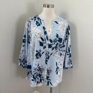 NYDJ Womens Plus 1X Floral Button Up Blouse 3/4 Sleeve Pleated Back Shirt Top